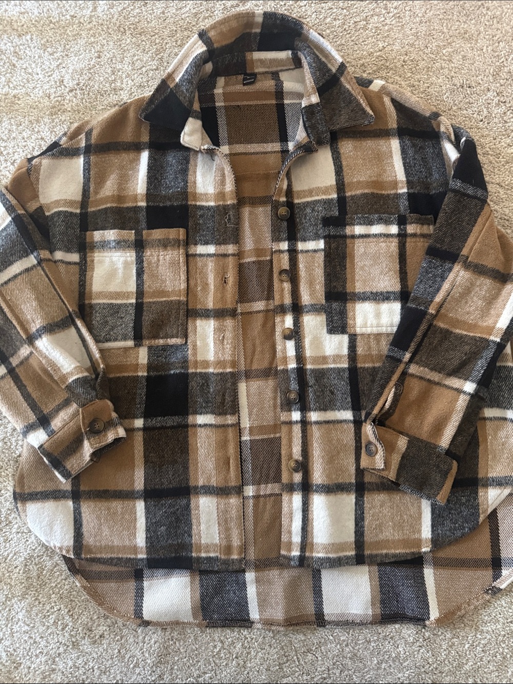 Plaid Button-Up Shirt Jacket in Brown and Black